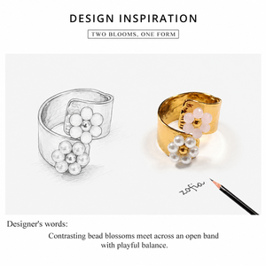 Anillo Abierto Floral de Acero Inoxidable con Cuentas de Mijo Rosa y Racimo de Perlas de Imitación, Banda Ajustable en Color Dorado - Product Image 2