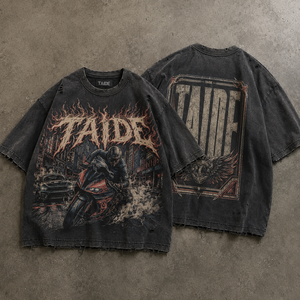 T-shirt graphique <span class=keywords><strong>moto</strong></span> TaiDe OEKO-TEX 280GSM délavé à l'acide, lettres flamme, effet usé, déchiré, coupe oversize, logo personnalisé, OEM ODM, vente en gros pour hommes - Product Image 1