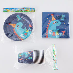 Fête d'anniversaire <span class=keywords><strong>dinosaure</strong></span> bleu vaisselle jetable assiette en <span class=keywords><strong>papier</strong></span> tasse <span class=keywords><strong>serviette</strong></span> en <span class=keywords><strong>papier</strong></span> nappe ballon drapeau fournitures de fête - Product Image 5