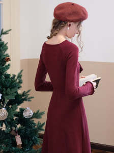 Personalizado elegante señora Vintage <span class=keywords><strong>rojo</strong></span> cuello en V Cruz manga larga arco cintura plisado largo mujer Navidad fiesta vestidos de noche - Product Image 6