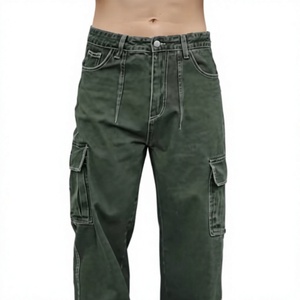 Jeans cargo vert slim fit pour homme, pantalon en denim délavé décontracté, style vintage classique, streetwear, coupe droite, poches latérales, 100% coton - Product Image 3