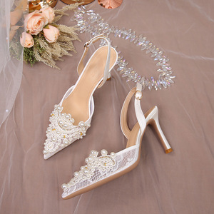 <span class=keywords><strong>Scarpe</strong></span> da Sposa Sexy con Perle per <span class=keywords><strong>Donna</strong></span>, Design Romantico Francese in Rete, Sandali con Tacco Alto e Lacci per Occasioni Eleganti - Product Image 1
