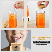 Gobelets en verre avec couvercles en bambou et pailles, ensemble de 4 pièces 16oz à large bouche, gobelet en verre Mason, canettes de bière réutilisables avec 2 brosses