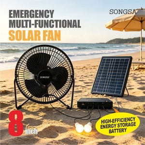 Ventilador solar portátil multiusos <span class=keywords><strong>de</strong></span> 8 pulgadas con salida <span class=keywords><strong>de</strong></span> batería externa, batería recargable, iluminación, para camping, exteriores, hotel, uso <span class=keywords><strong>de</strong></span> emergencia. - Product Image 1