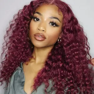 burgundy 200 density 5x5 HD transparent lace closure wig 4x4 brazilian virgin bouncy curl human hair wig for black women
