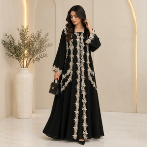 Women's Black Lace Dantel Embroidered Abayas <b>Long</b> Sleeve Loose Fit Floor Length Modest Islamic <b>Eid</b> <b>Dress</b> UAE Manufacturer - Product Image 1