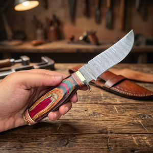 Couteau de chasse à lame fixe en acier Damas de qualité industrielle Rajput, manche en bois coloré, design à pointe tombante, 20 cm, pour l'extérieur - Product Image 1