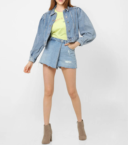 Puff Sleeve Short <strong>Cropped</strong> Pilot Bomber <strong>Jacket</strong> Women's Cotton Distressed Fitted Washed Ripped <strong>Denim</strong> Jean <strong>Jacket</strong> for Ladies - Product Image 5