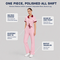 Seragam Kerja Medis Wanita OEM, Jumpsuit Satu Potongan dengan Kerah Kontras, Pinggang yang Dapat Disesuaikan, Kaki Model Bootcut, untuk Klinik dan Rumah Sakit