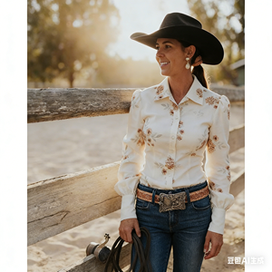 <span class=keywords><strong>Camicia</strong></span> Arena da <span class=keywords><strong>Donna</strong></span> in Misto <span class=keywords><strong>Lino</strong></span> e Cotone con Stampa Floreale, Manica <span class=keywords><strong>Lunga</strong></span>, Traspirante, Stile Western - Product Image 2