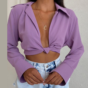 Pakaian wanita blus kasual baru dengan desain tidak teratur kerah lipat kancing dekorasi atasan tenun untuk wanita - Product Image 1