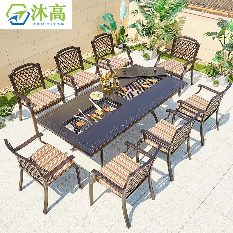 Mesa de comedor para Patio, juego de 8 sillas de aluminio fundido a gas para barbacoa, muebles de exterior para jardín