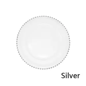 Venta al por mayor 13 pulgadas cena debajo del plato plástico transparente plata Mesa elegante con cuentas de oro rosa borde cargador placas para la boda