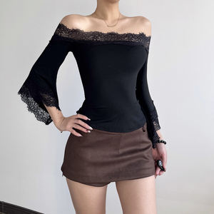 Camiseta de Manga Larga con Hombros Descubiertos y Ribete de Encaje Estilo Y2K para Mujer, Color Sólido, Manga Acampanada, Corte Ajustado, Top Elegante - Product Image 2