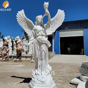 Levensgrote Beroemde Natuursteen Hand Carved Guardian Angels Sculptuur Marmeren Tuin Figuur Standbeeld