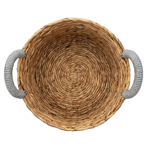 Natural <b>Rattan</b> <b>Storage</b> <b>Basket</b> With Gray Handles Circle Shape Rustic Style Multi Purpose Organizer Bin - Product Image 2