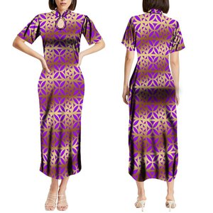 Personalizado verano cuello mandarín <span class=keywords><strong>manga</strong></span> corta Slim Fit vestido largo mujeres elegante gris negro polinesio <span class=keywords><strong>tatuaje</strong></span> estampado vestidos casuales - Product Image 2