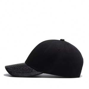 Wholesales Fashion <b>Black</b> Blank Cotton <b>Baseball</b> <b>Caps</b> Leather Brim 100%cotton Hat and Top Leather - Product Image 4
