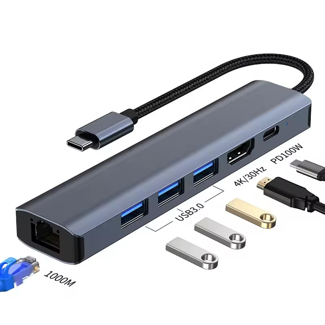 6 In1 Type C Adapter Docking Station USB 3.0 for 2.1 13.5cm Cable for 2.1 4K PD 100W Multi-Port Metal MacBook in Stock
