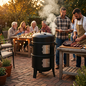 Stainless Steel Smokehouse Outdoor Round Smoker 3 In 1 Portable Detachable Grill With Thermometer For Camping Grilling - Product Image 1