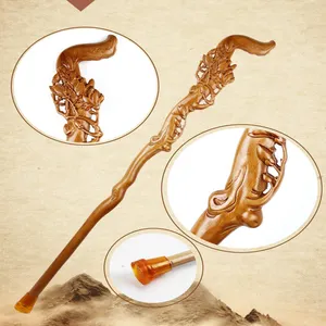 Factory wholesale Mountain Handmade Peach Wood Carving Drawing wooden handle walking stick