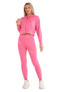 Tuta da donna rosa con cappuccio, set completo con cerniera, casual, traspirante, in spandex e poliestere, vestibilità aderente, tinta unita, per la primavera - Product Image 1