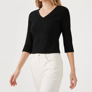 Camisetas Cortas de Mujer al por Mayor, Sólidas, Elásticas, Minimalistas, con <span class=keywords><strong>Cuello</strong></span> en <span class=keywords><strong>V</strong></span>, Manga Tres Cuartos, Ajustadas, de Lyocell y Spandex, Casuales y Básicas - Product Image 1