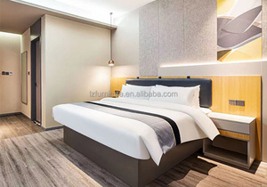 OEM ODM Custom Budget Business Hotel Room Furniture Set Wood Veneer Integrated <b>Headboard</b> King Bed Nightstand for Homestay Motel - Product Image 4