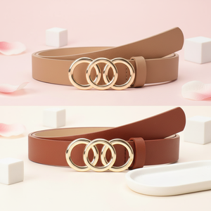 Cinturón de PU Estilo Coreano para Mujer con Hebilla de Placa de Tres Círculos, de Moda y con un Toque Sofisticado, para Todo Abrigo y Mezclilla - Product Image 1