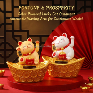 Ornement de chat porte-bonheur solaire en ABS, <span class=keywords><strong>Maneki</strong></span> <span class=keywords><strong>Neko</strong></span> qui agite automatiquement la main, avec base lingot d'or, décoration Feng Shui pour la prospérité, idéal comme cadeau - Product Image 1
