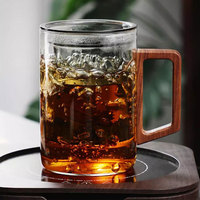 Tasse à thé en verre borosilicate de 400 ml avec poignée en bois, couvercle et infuseur amovible, idéale pour le thé en vrac au bureau