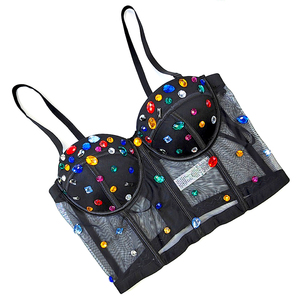 BL44 Sexy Top Corsetto <span class=keywords><strong>Trasparente</strong></span> in <span class=keywords><strong>Tulle</strong></span> con Cristalli per Donne, Bustier con Strass Colorati - Product Image 2