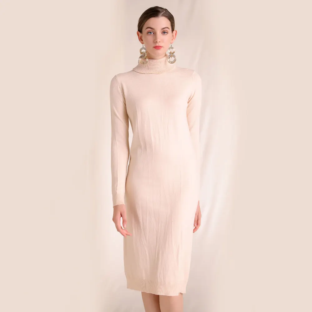 High Quality Women's Autumn Winter High Collar Sweater Dress New French Style High Waist Undershirt Knit Dress Female