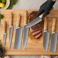 Ensemble de 7 couteaux de cuisine en acier damas martelé avec manche en bois d'olivier et mosaïque bleue pour la cuisine professionnelle