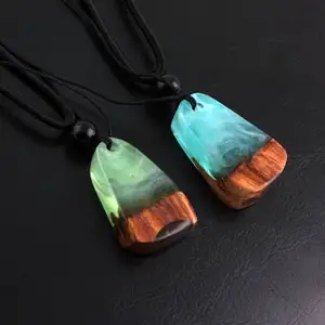 Fashion Geometric Wooden Resin Necklace Pendant Epoxy Wood Grain Antique Men And Women's Jewelry Woven Rope Gifts