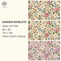 Tissu en voile de coton floral LNS Garden Roselets, popeline, 75 GSM, coton léger tissé pour robes et chemisiers
