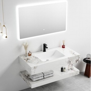 Meuble-lavabo mural moderne CR blanc avec double vasque en céramique sans joint et miroir LED - Product Image 4