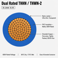 Cable Eléctrico de Cobre THHN THWN-2 para Construcción, Calibres 12AWG, 10AWG, 8AWG, 6AWG, 4AWG, 2AWG, Certificado UL, 600V, Resistente al Calor y la Humedad