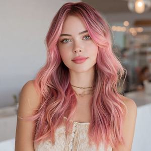 2025新ファッションレディース透明レースフロントウィッグピンクグラデーションヘアテールマイクロボリューム合成レースWig-SM9658 - Product Image 2