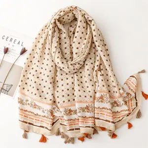 French cotton linen feel scarf celebrity style melon field under soft fringe silk scarf shawl woman