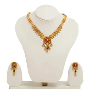 Traditional Gold Plated Temple <b>Necklace</b> Set with Red <b>and</b> Green Stone Pendant <b>Pearl</b> Beads <b>and</b> Matching <b>Earrings</b> for Bridal Wear - Product Image 1