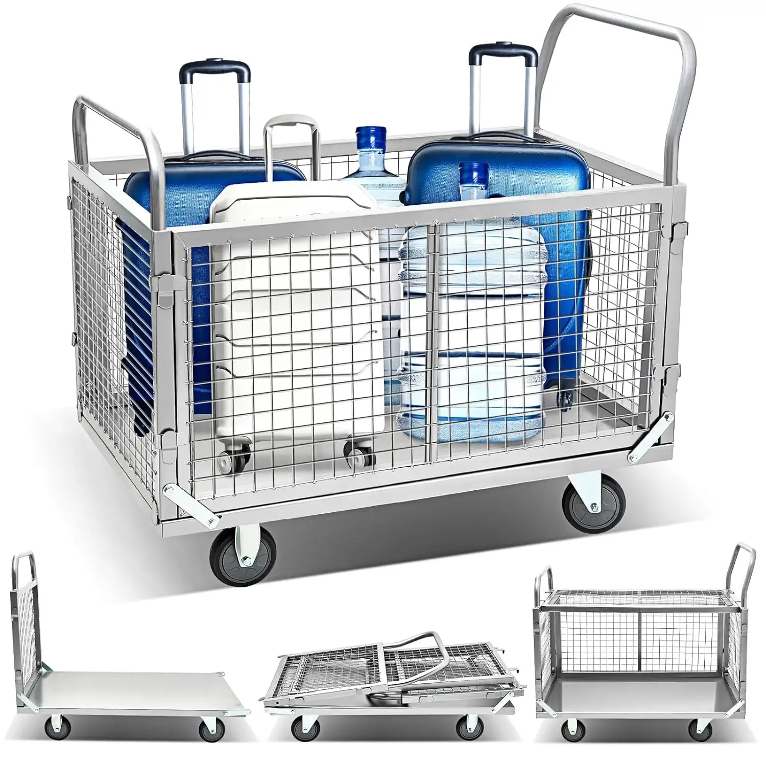 Platform Truck Cart with Cage Large Foldable Flat Cart Heavy Duty Push Cart for Grocery Moving Laundry
