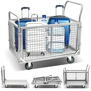 Platform Truck Cart With Cage Large Foldable Flat Cart Heavy Duty Push Cart For Grocery Moving Laundry