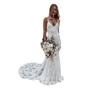 Halter Neck Mermaid Lace Wedding Dress Ivory White Backless Slim Fit Natural Waistline Travel Photography Gown - Product Image 1
