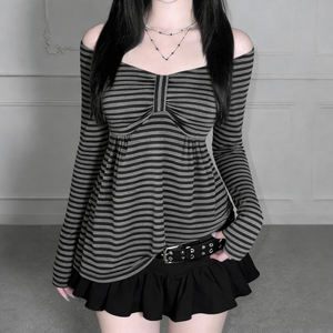 Color Block Striped Patchwork Bow Tie V Neck <b>Long</b> Sleeve <b>T</b> <b>Shirt</b> <b>Women</b> Y2K Street Casual A Line Top - Product Image 1