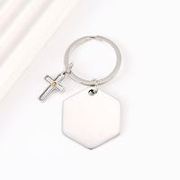 Ywyougang Porte-clés personnalisable en acier inoxydable, style vintage, avec breloque religieuse gravable, motifs grain de lin, grain de sperme de l'espoir, croix et hexagone