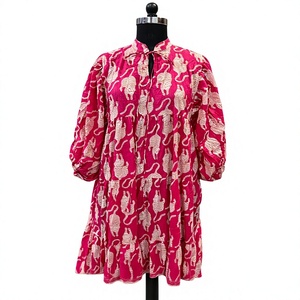 Robe longue décontractée bohème à imprimé léopard avec manches bouffantes, col noué, ourlet évasé, 100 % coton, silhouette trapèze - Product Image 3
