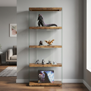 Moderna vitrina de vidrio templado de 4 niveles con estantes de madera para muebles de sala de estar. - Product Image 2