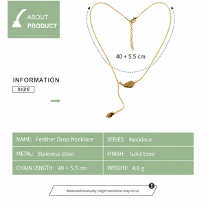 Collar con colgante de pluma, acero inoxidable, tono dorado, cadena asimétrica delicada, longitud ajustable - Product Image 3