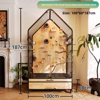 Cage à oiseaux panoramique de luxe en bois massif, conception de villa d'oiseaux de taille moyenne à grande avec bouton de bricolage mobile respirant pour animaux de compagnie